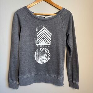 Roxy Womens Gray Graphic Sweatshirt Long Sleeve Pullover Medium 3/4 Side Y2K Zip